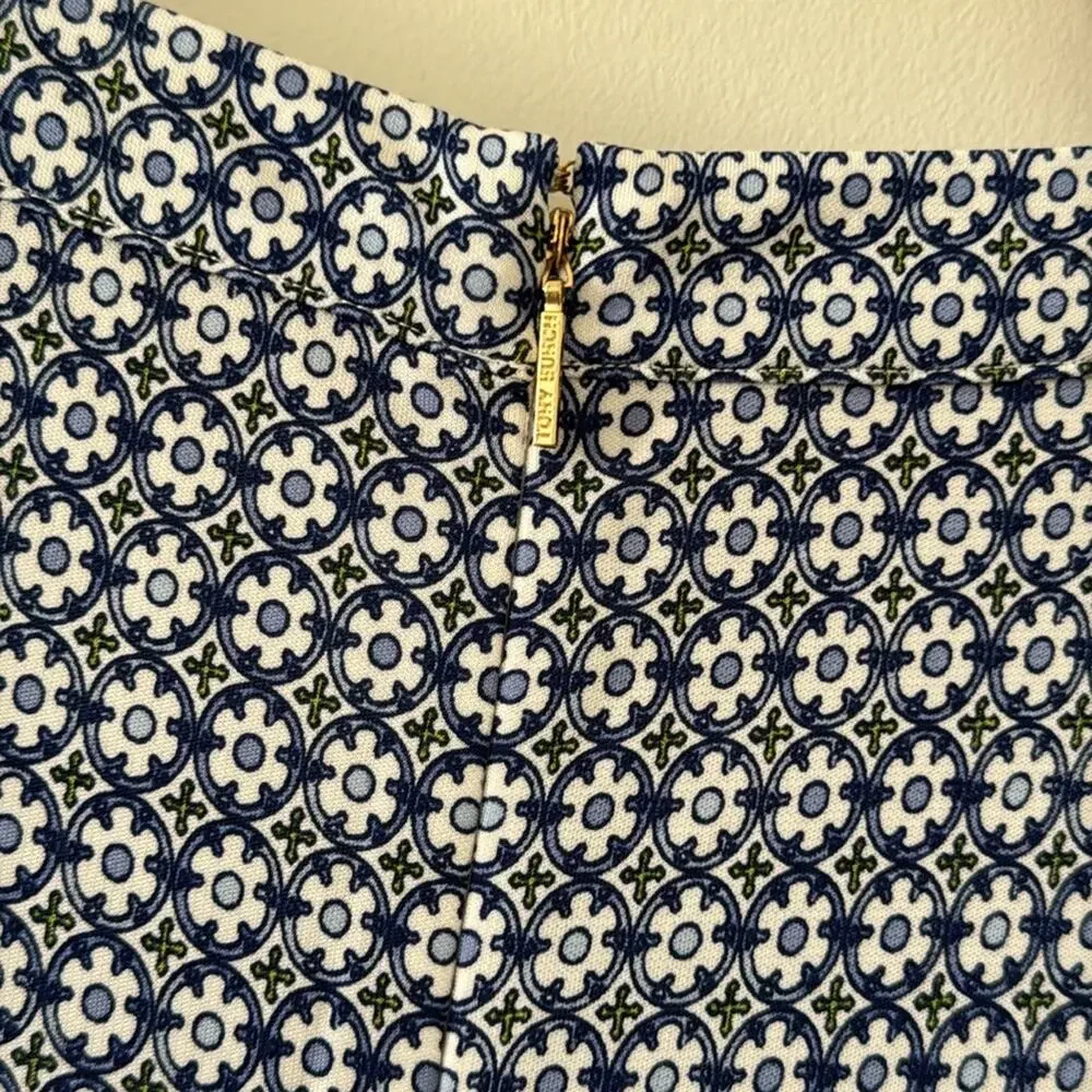 Tory Burch Blue White Geometric Midi Dress XS Tailored Short Sleeve Minimalist